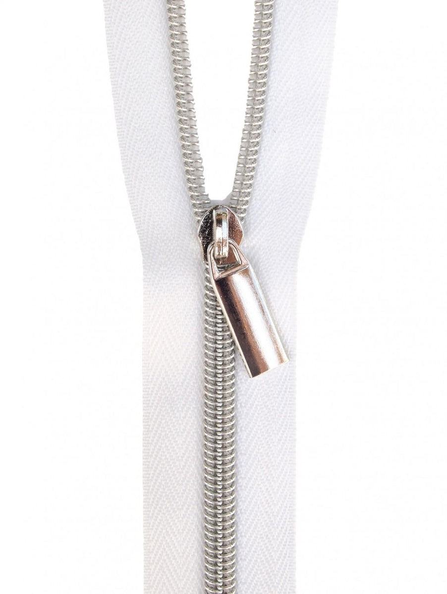 Silver Nylon Coil Zipper with WhiteTape & Nickel Pulls - Zipper by the Yard  - Nylon Coil Zipper - Metallic Zipper