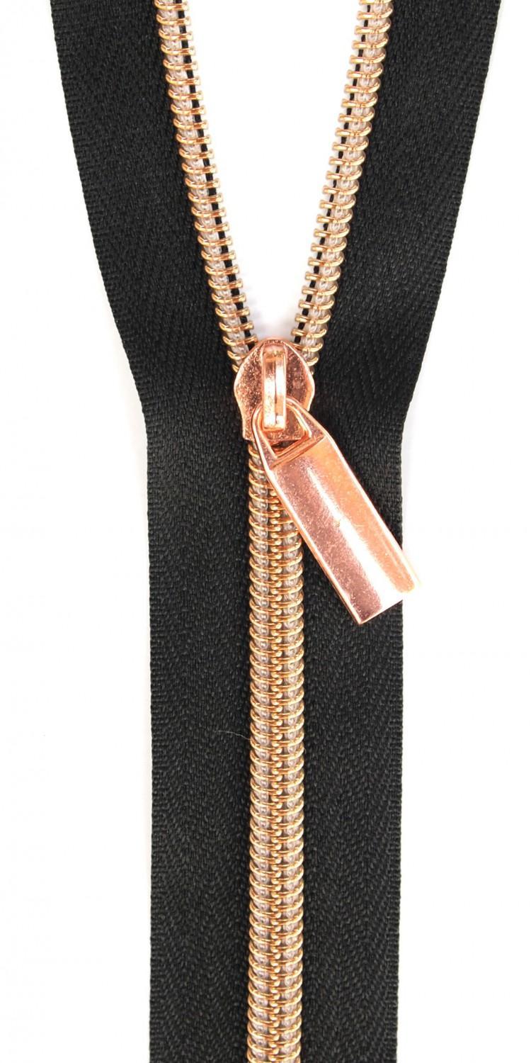 Zipper 3 Yards with 9 pulls - BLACK w/Rose Gold Coils - Nylon #5