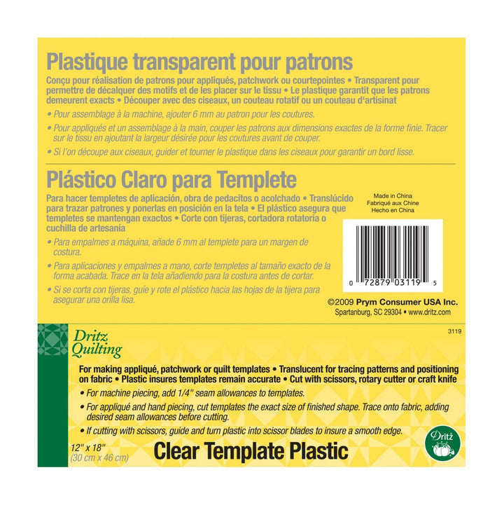 Dritz - Template Plastic - 12" x 18" Sheet
