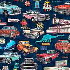 Quilting Treasures - Get Your Kicks 2026 - Route 66 Classic Classic Cars & Icons NAVY