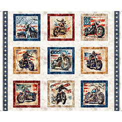 Panel - Quilting Treasures - Stars, Stripes, & Steel - Motorcycles Picture Patches 36"