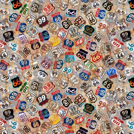 Blank Quilting - Historic Highway - Tan Route 66 Signs