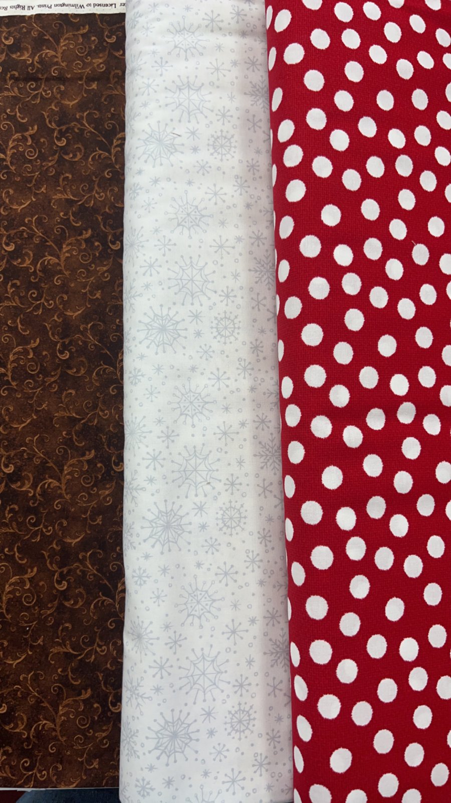 3 Yard Bundle - Red Dot, Snowflake, Brown Scroll