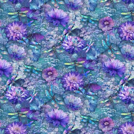Timeless Treasures - Flying Dragonflies & Floral