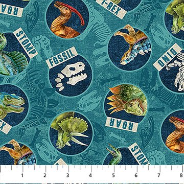 Northcott - Dino Roar - Dino Head Toss Teal Multi