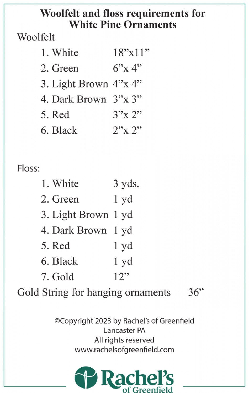 Kit - Rachel of Greenfield - White Pine Ornaments