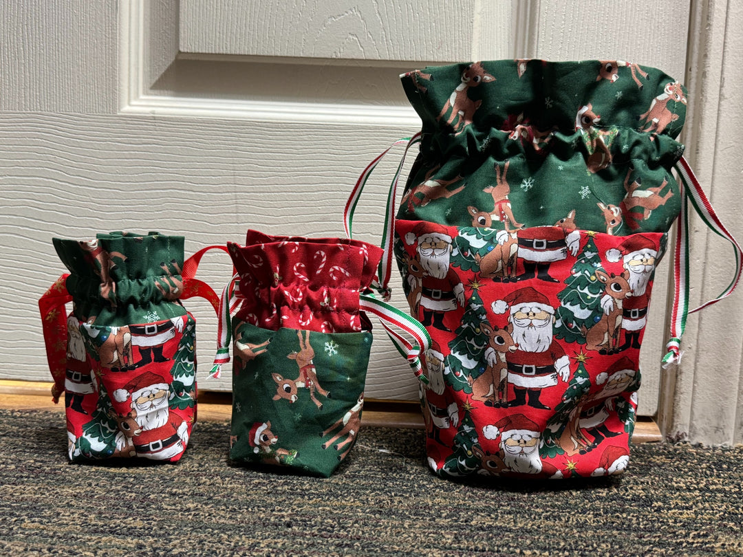 Kit - Goody Gift Bags - 1 Large, 2 small fabric kits (Pattern NOT included) - Green Candy Cane, Santa, Red Candy Cane, Green Reindeer
