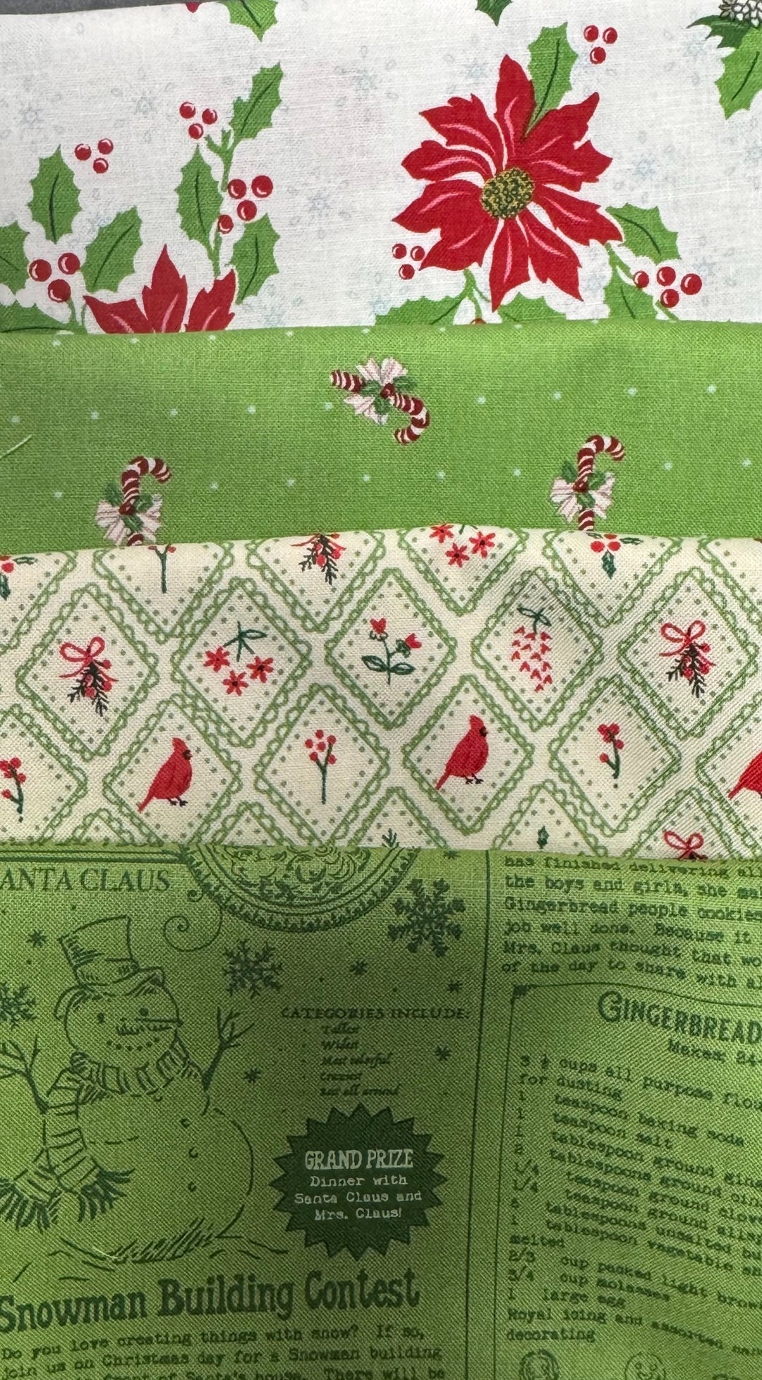 Kit - Goody Gift Bags - 1 Large, 2 small fabric kits (Pattern NOT included)  - Green Snowman, Red birds, Green Candy Cane, White Poinsettia