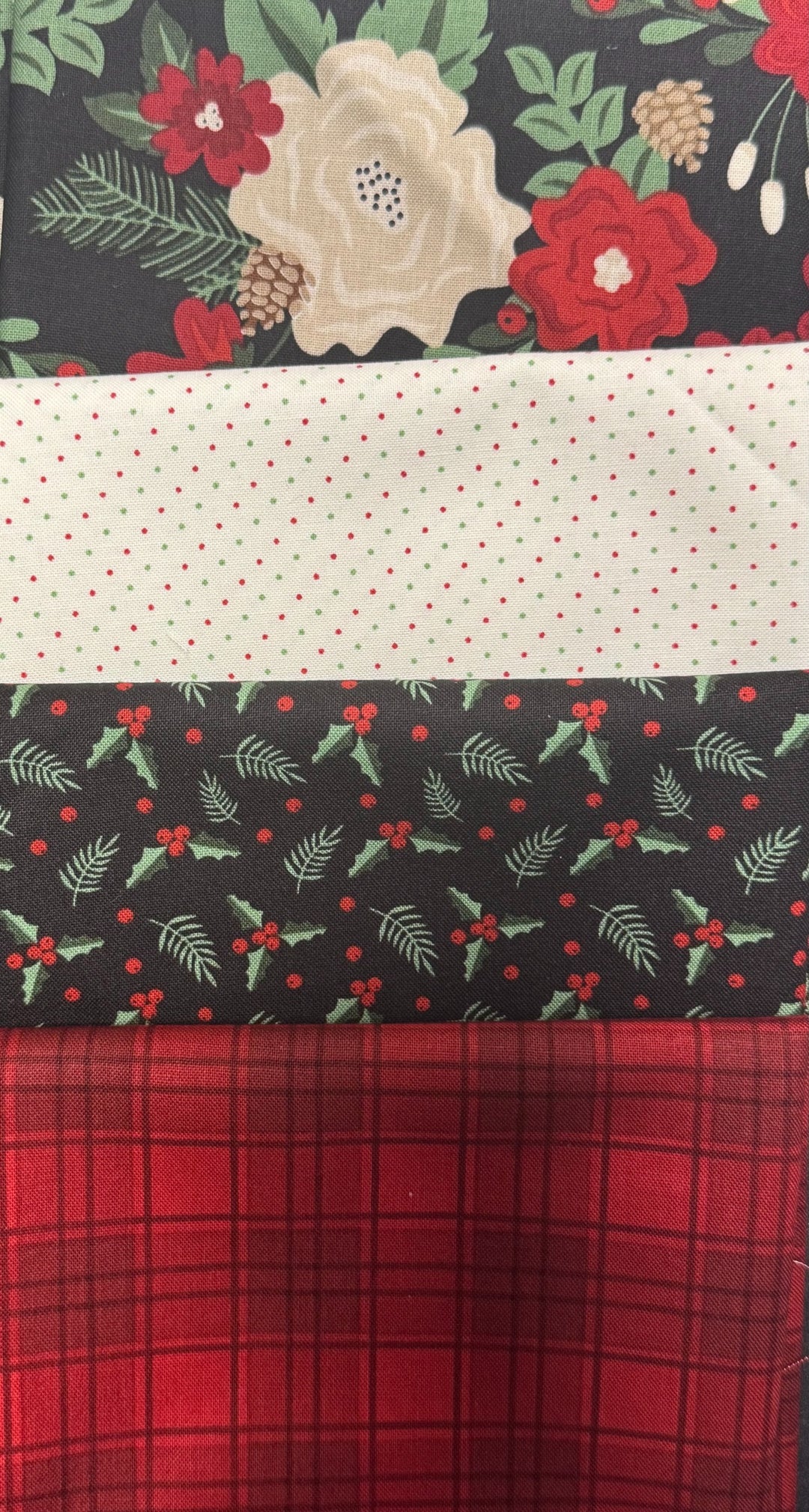 Kit - Goody Gift Bags - 1 Large, 2 small fabric kits (Pattern NOT included)  - White Dots, Black Holly, Red Plaid, Floral