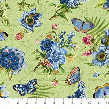 Northcott - Something Blue - Green Butterfly Floral