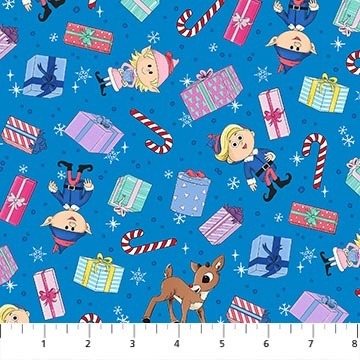 Northcott - Rudolph The Red Nosed Reindeer - Presents - Blue