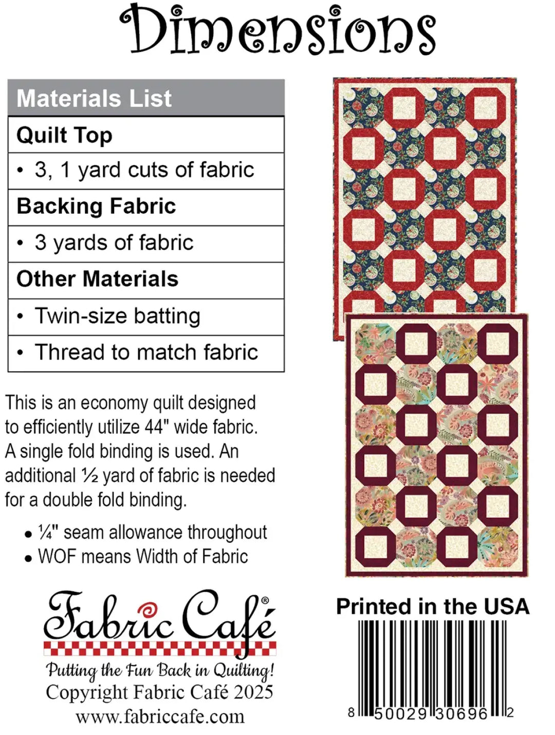 Pattern - Fabric Cafe - Dimensions 3-Yard Quilt Pattern