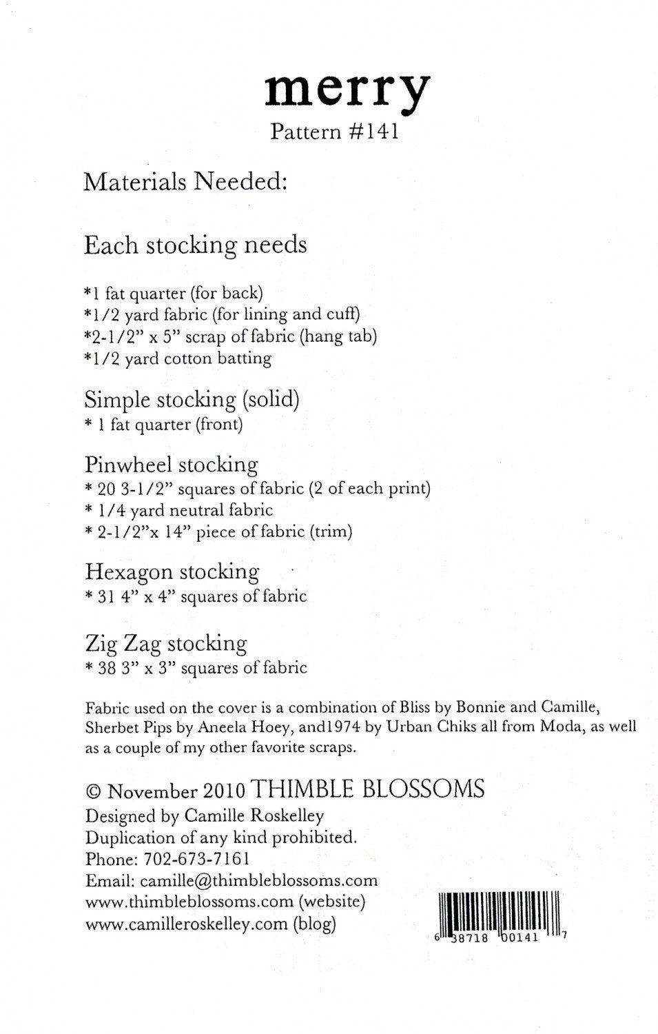 Pattern - Thimble Blossoms - Merry Stockings