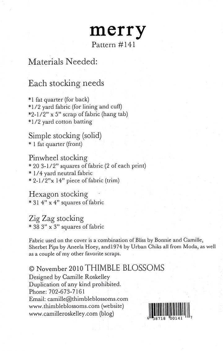 Pattern - Thimble Blossoms - Merry Stockings