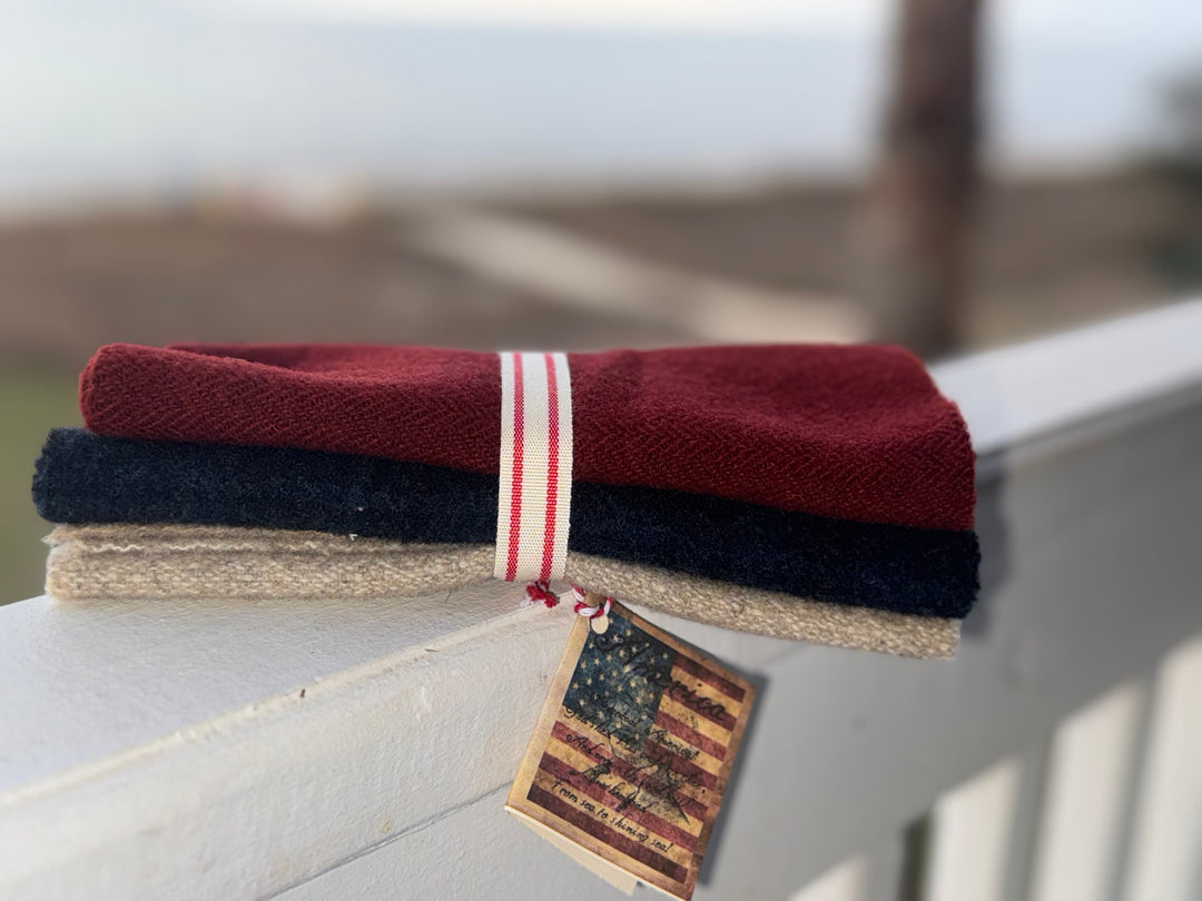 Wool Bundle - Primitive Red, White, Blue - appoximate size 8"x15" each peice
